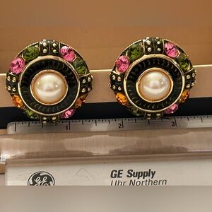 Vintage BLANCA Large Clip On Earrings  Goldtone Pink Green Yellow Faux Pearl